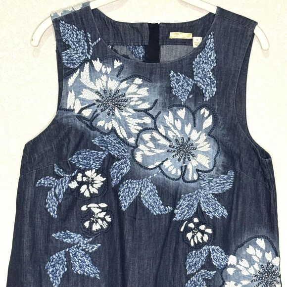 Holding Horses Dress Womens 8 Blue Denim Embroidered Floral Shift Anthropologie - Picture 4 of 11